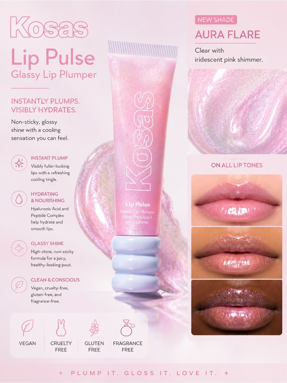 Kosas Lip Pulse Glassy Lip Plumper — Aura Flare Pink Shimmer
